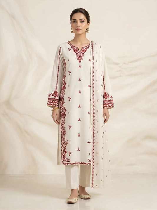 Ivory Crimson | 3 Piece - Embroidered Premium Breezé Lawn Cotton Suit