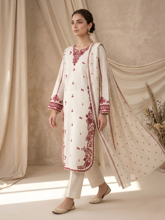 Ivory Crimson | 3 Piece - Embroidered Premium Breezé Lawn Cotton Suit
