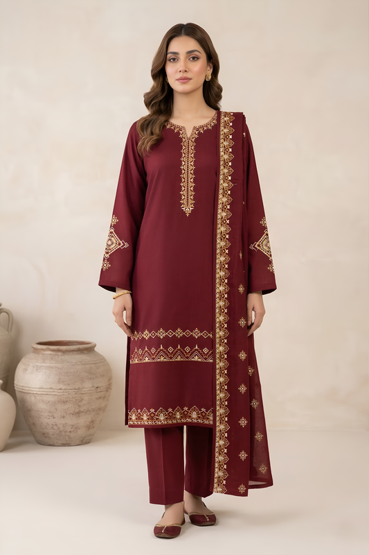 Garnet Rose | 3 Piece - Embroidered Premium Breezé Lawn Cotton Suit