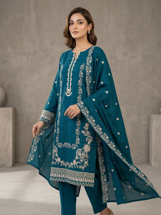 Mystic Teal | 3 Piece - Embroidered Premium Lawn Suit