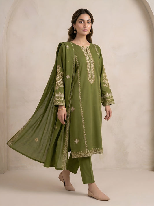 Olive Whisper | 3 Piece - Embroidered Premium Breezé Lawn Cotton Suit