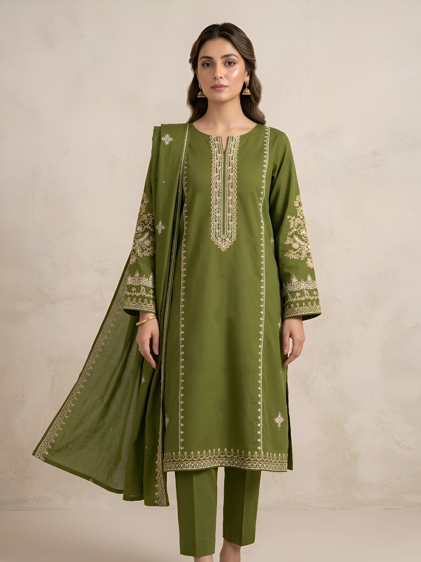 Olive Whisper | 3 Piece - Embroidered Premium Lawn Suit