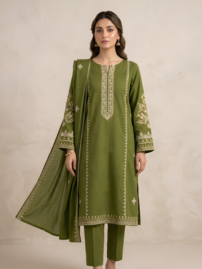 Olive Whisper | 3 Piece - Embroidered Premium Lawn Suit